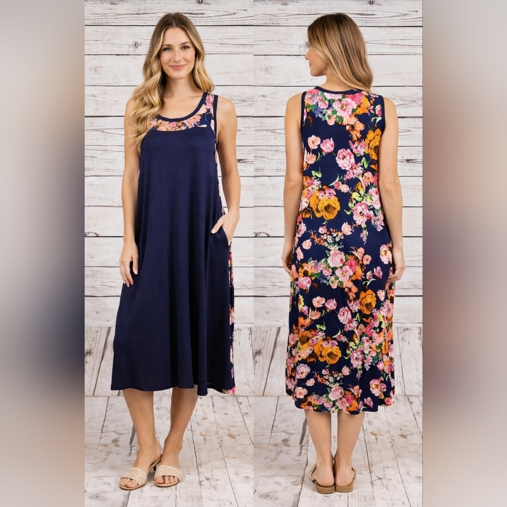 12 P.M. by Mon Ami Navy Blue & Pink Floral Sleeveless Midi Dress Size L #1690
